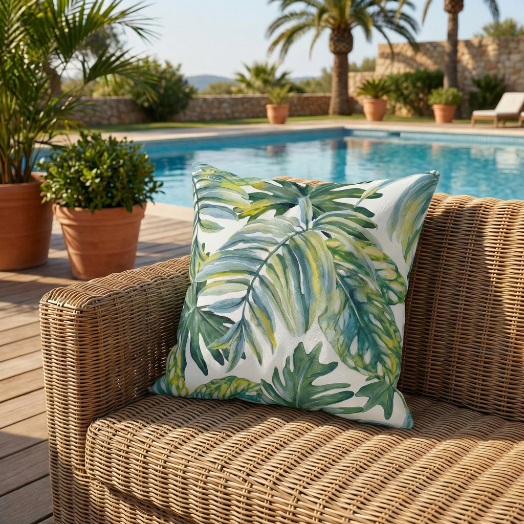Tropical Leaf Cushion Watercolor Green Botanical Outdoor Cushion