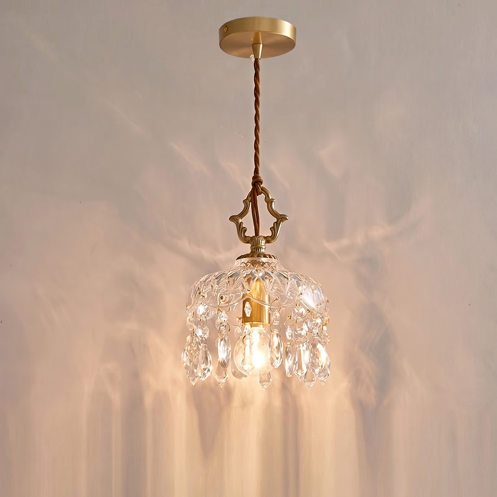 French Style Brass Crystal Pendant Light Vintage Glass Hanging Lamp