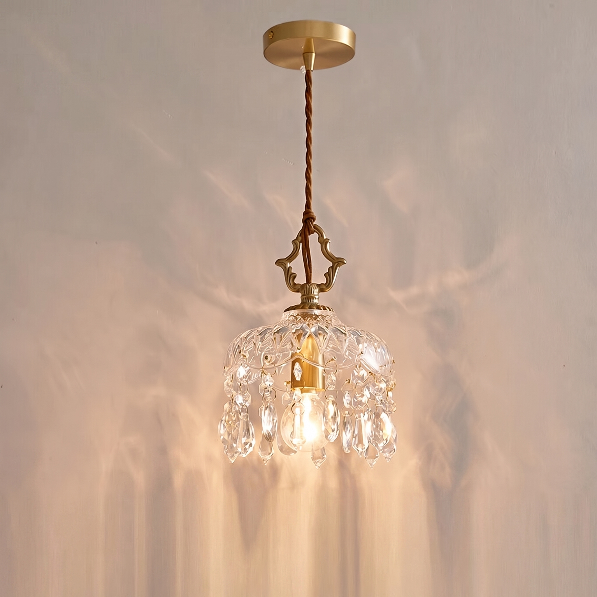 French Style Brass Crystal Pendant Light Vintage Glass Hanging Lamp