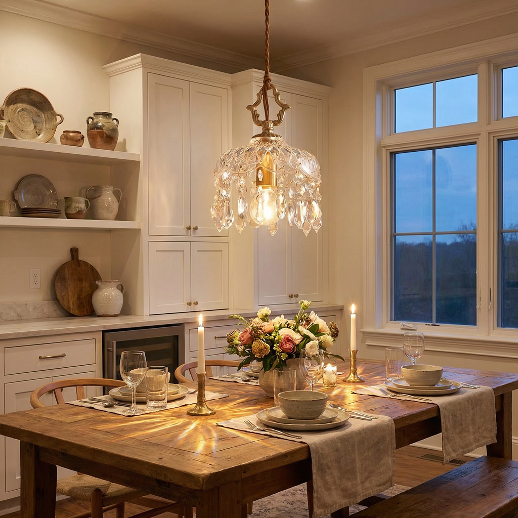 French Style Brass Crystal Pendant Light Vintage Glass Hanging Lamp