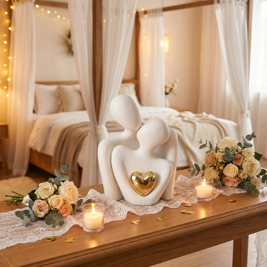 Romantic Couple Ceramic Figurine with Gold Heart