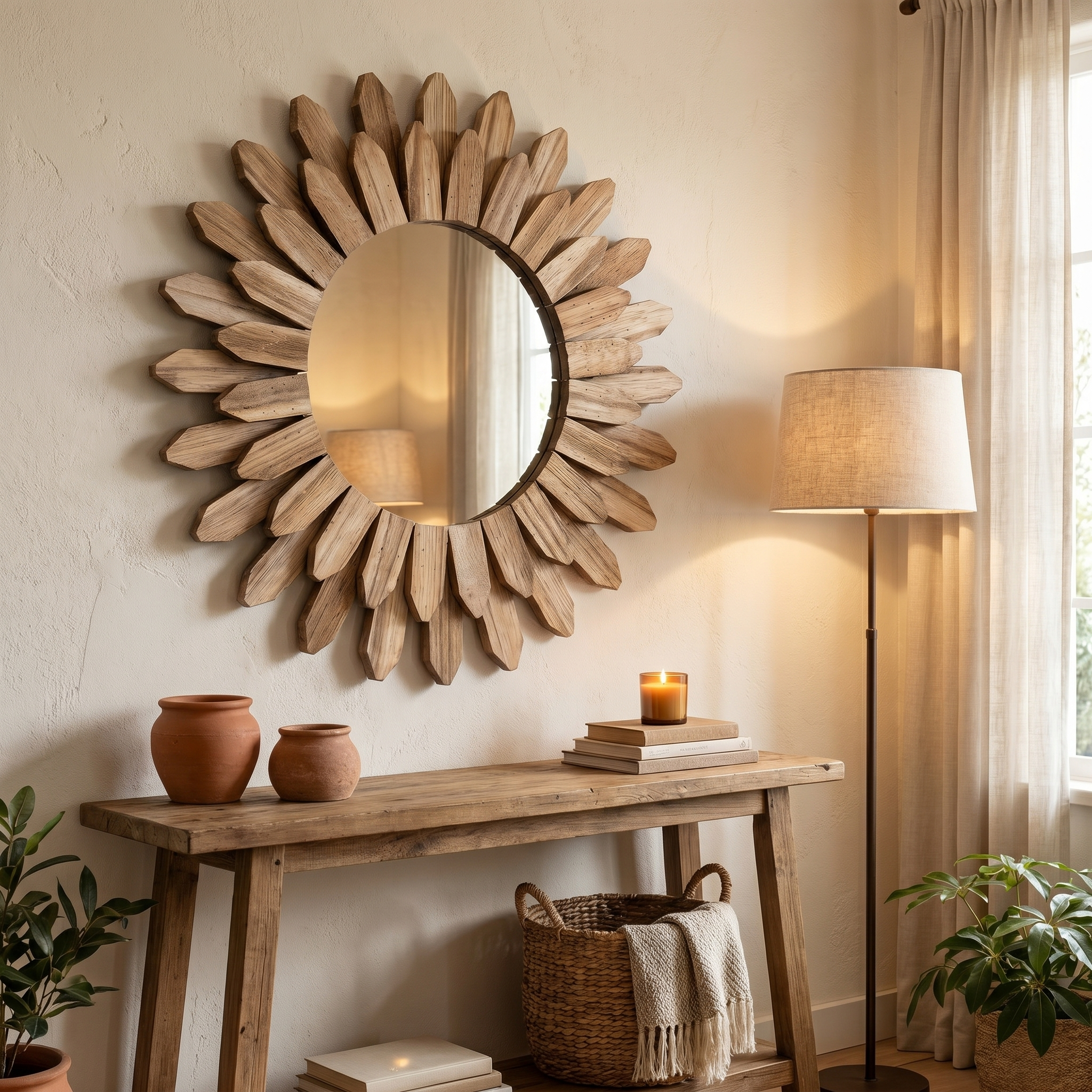 Rustic Sunburst Wooden Wall Mirror