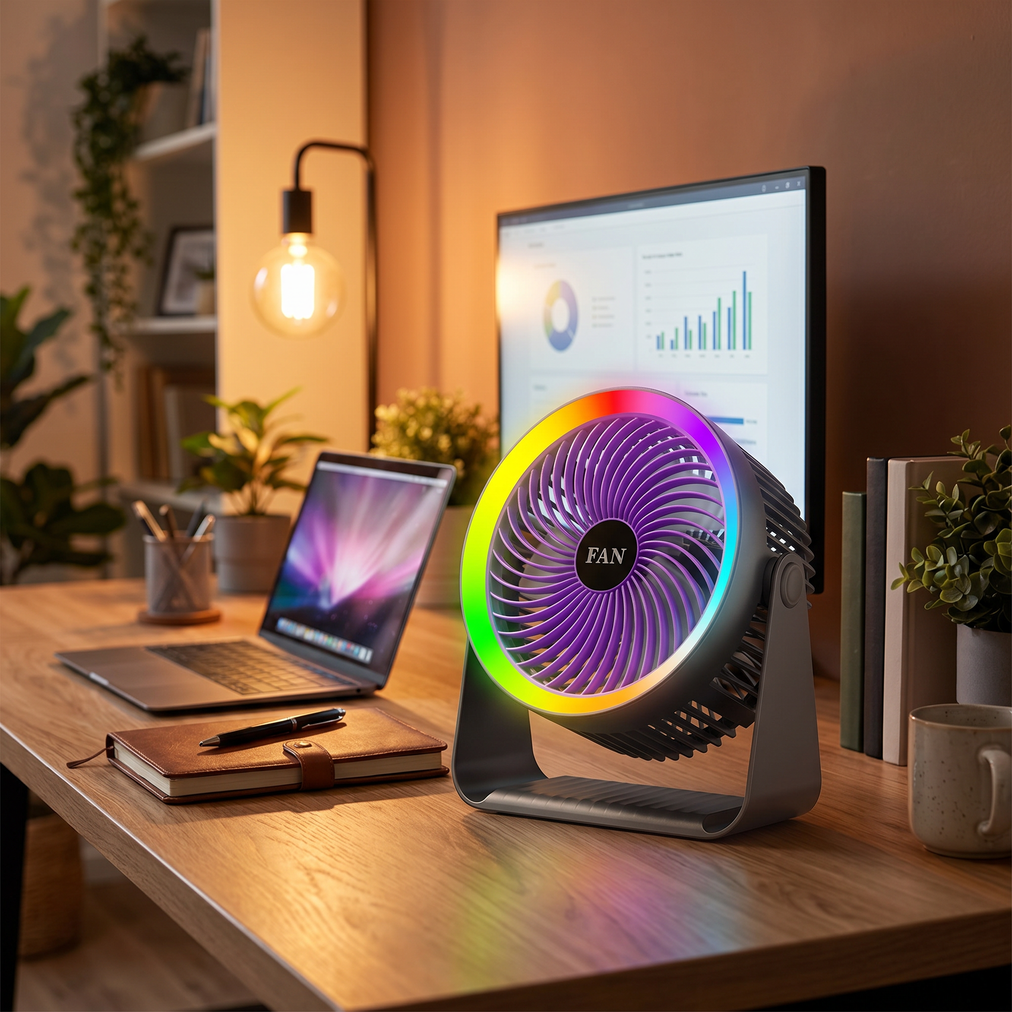 USB Rechargeable Clip-On Desk Fan with LED Light