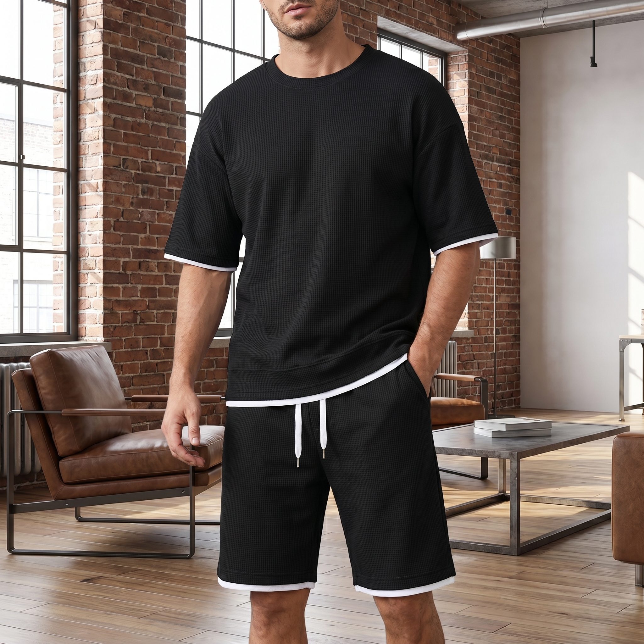Men’s Waffle Knit T-Shirt & Shorts Set