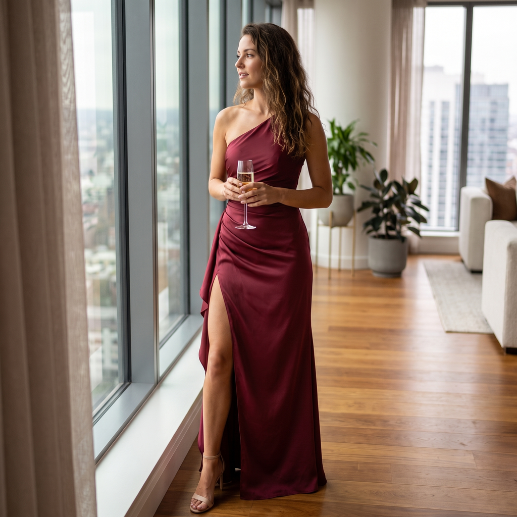 Women's One-Shoulder Satin Maxi Dress