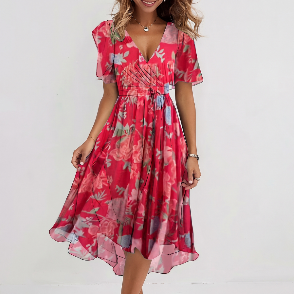 Women's Floral Print V-Neck Midi Dress