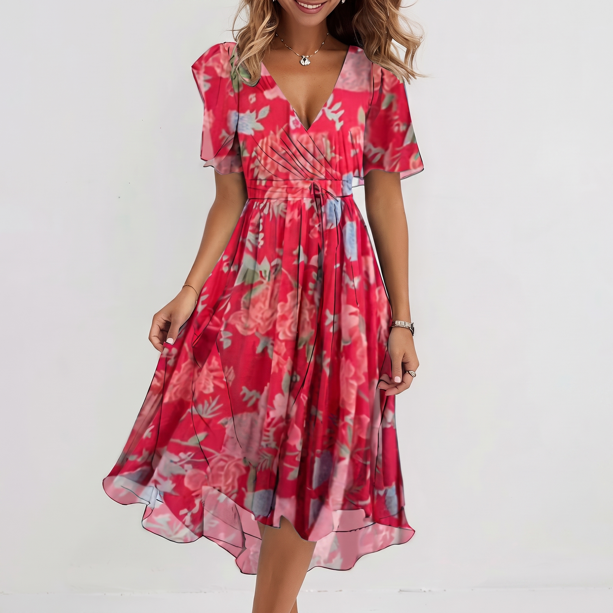 Women's Floral Print V-Neck Midi Dress