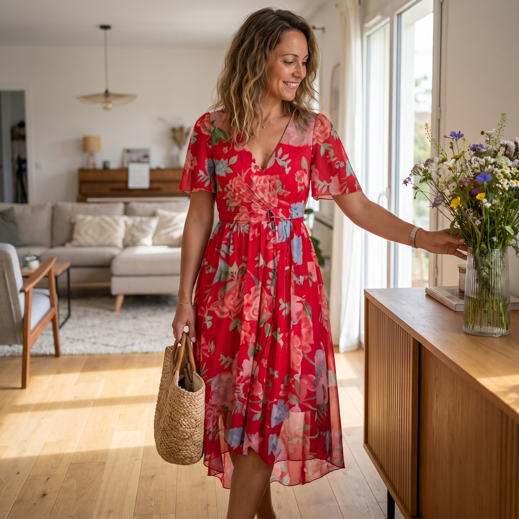 Women's Floral Print V-Neck Midi Dress