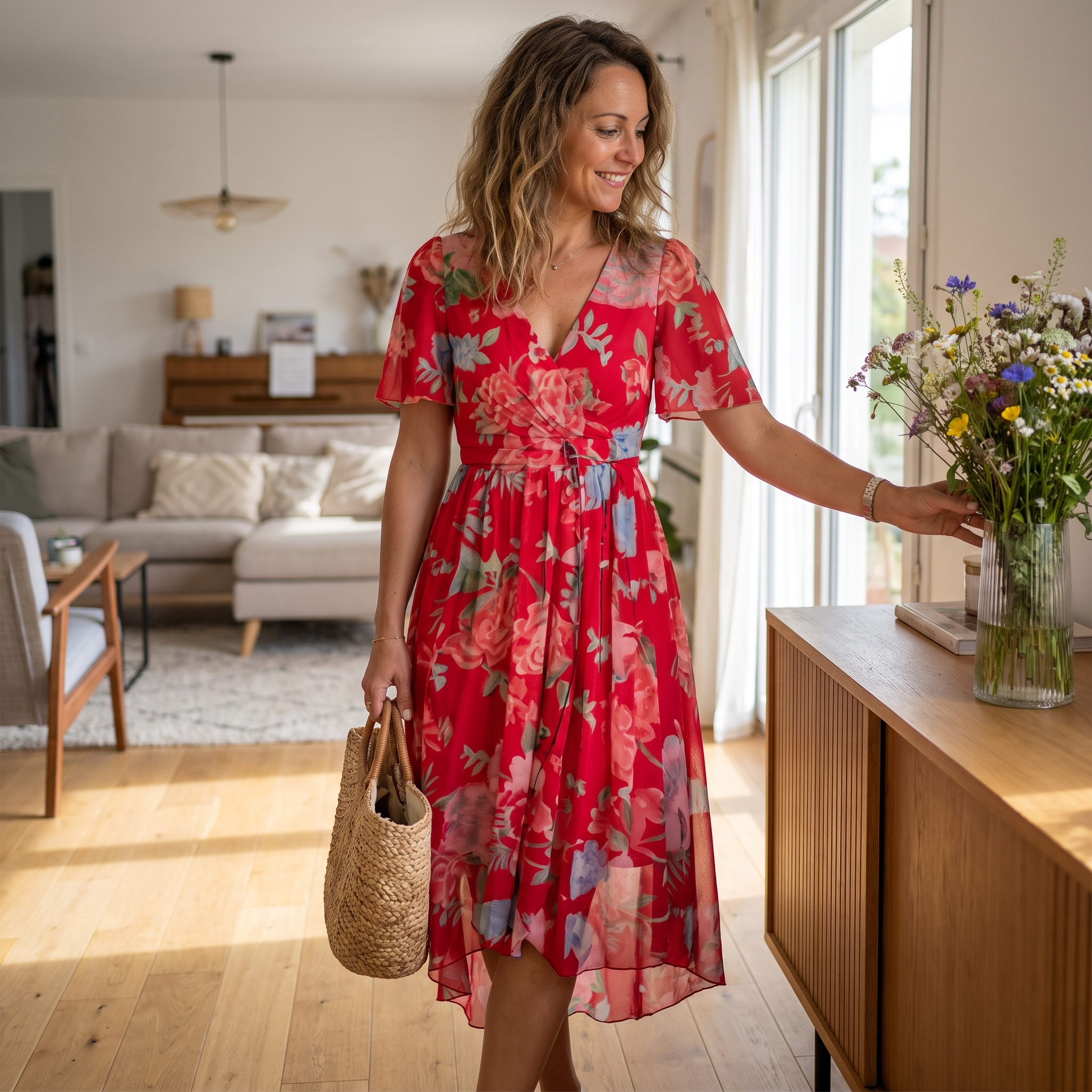 Women's Floral Print V-Neck Midi Dress