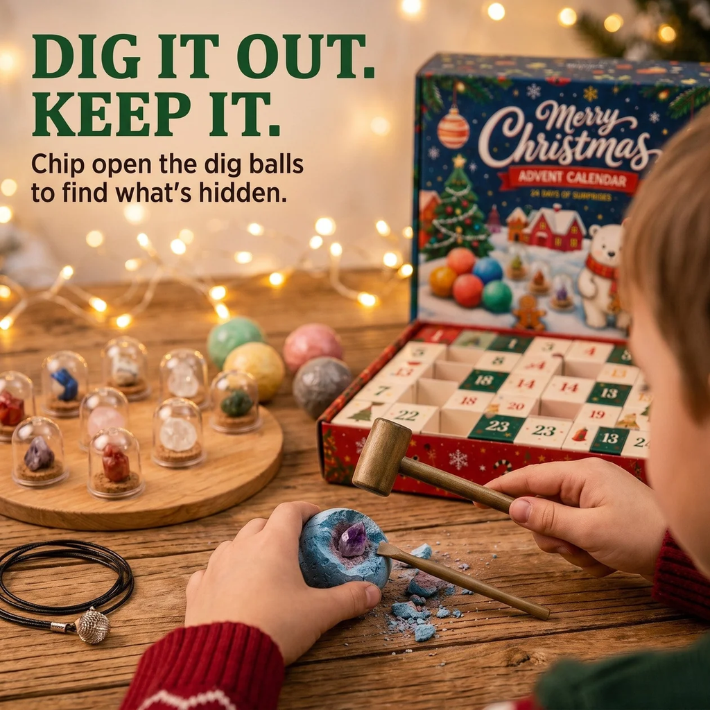 Gemstone Dig Advent Calendar showing how to crack a dig ball with the supplied hammer and chisel
