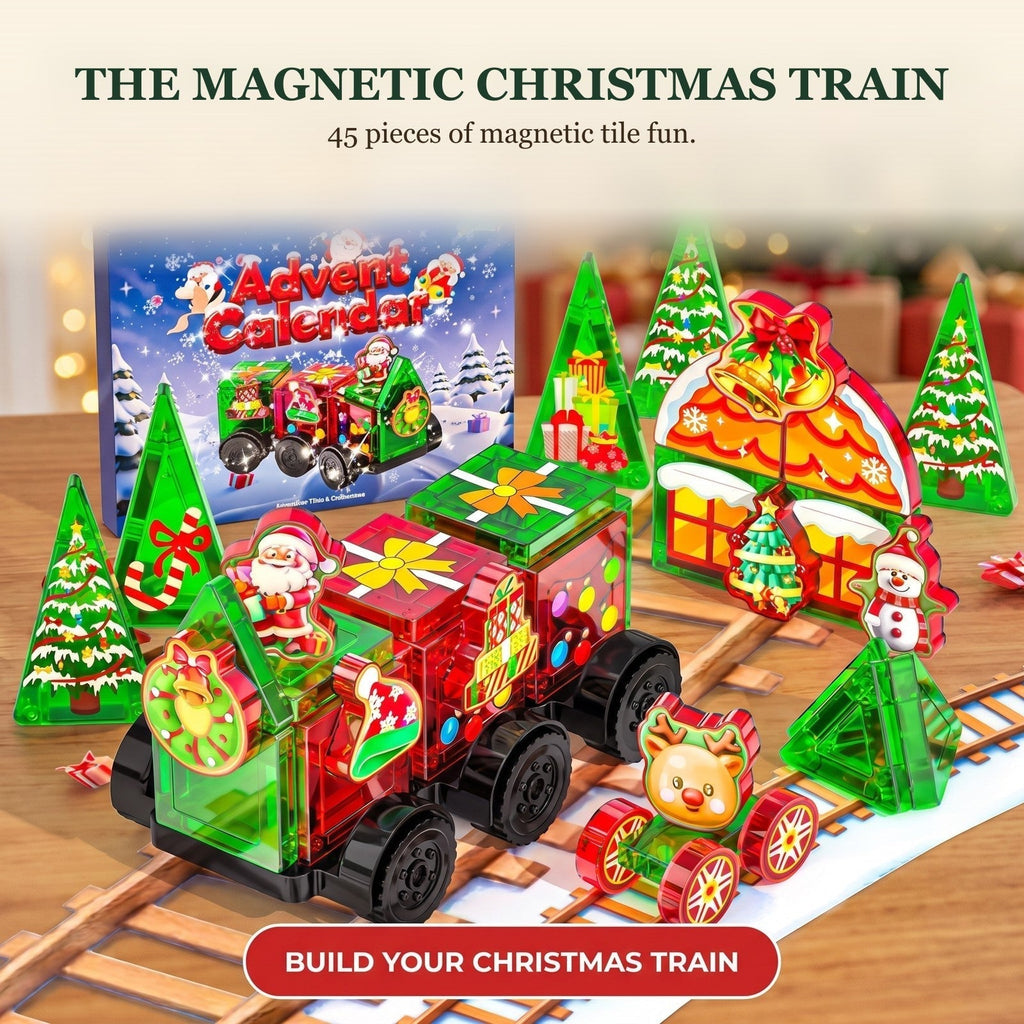 45-piece magnetic tile Christmas train with Santa, reindeer, trees, house and snowman pieces