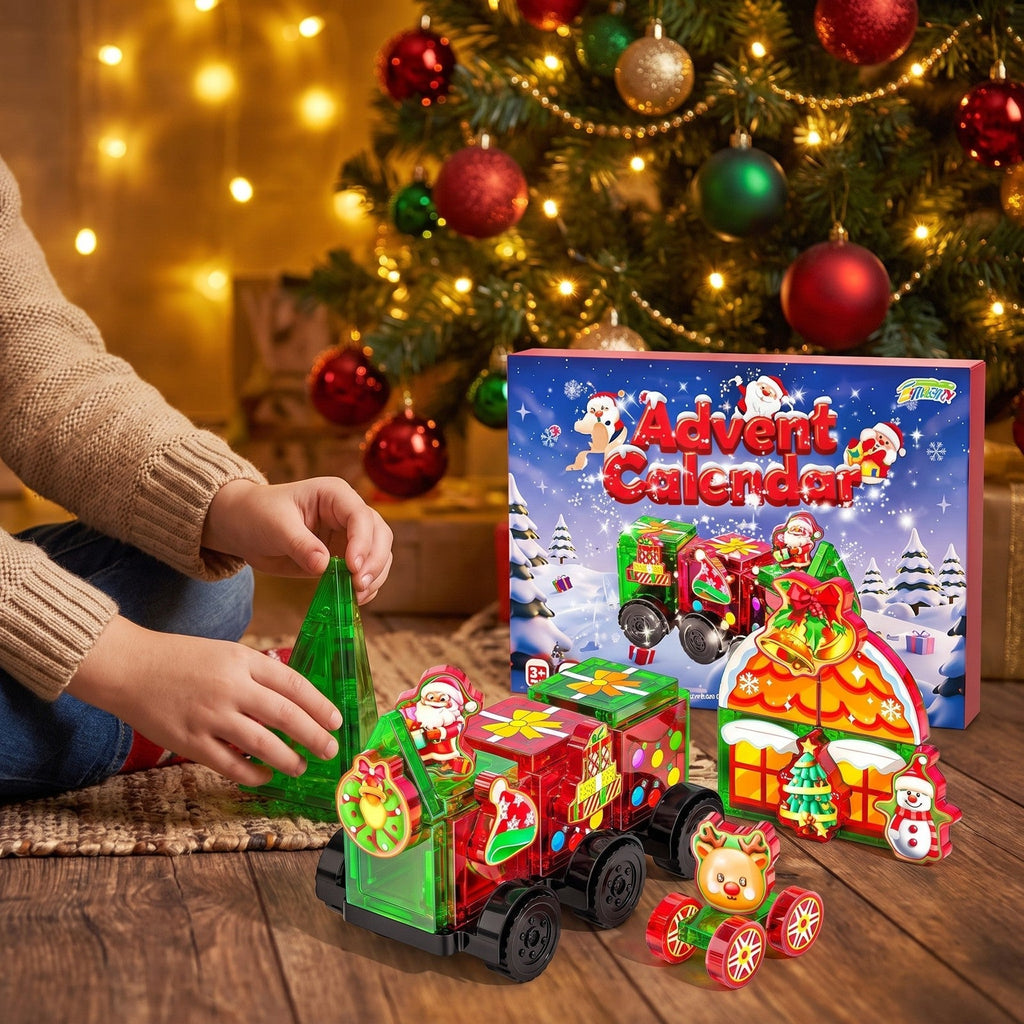 Hands placing a green triangular magnetic tile beside the Christmas train, Santa, reindeer, house and snowman pieces