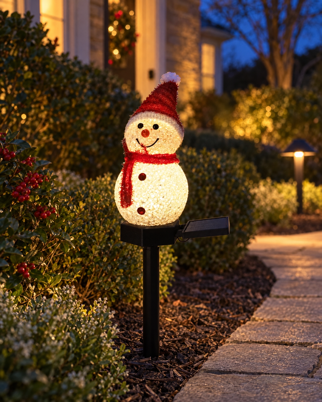 Snowman Solar Garden Stake Light with Warm White LED and Automatic Dusk to Dawn Sensor