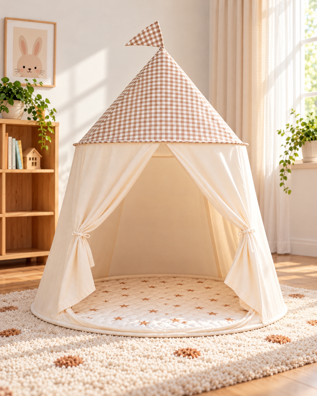 Children's Pop Up Play Tent with Gingham Roof and Flag