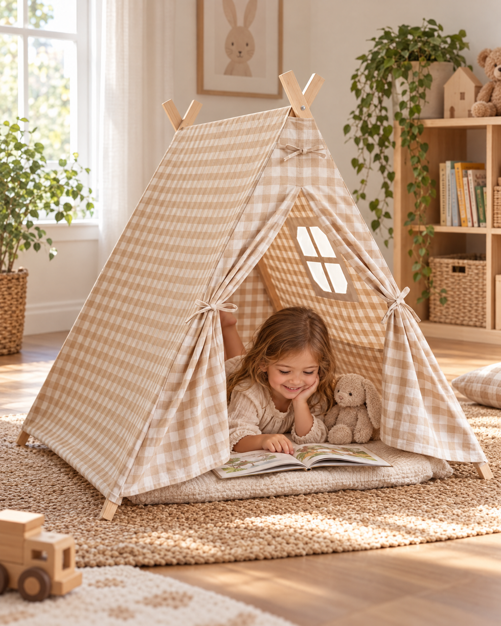 Children's Beige Gingham Canvas A Frame Play Tent