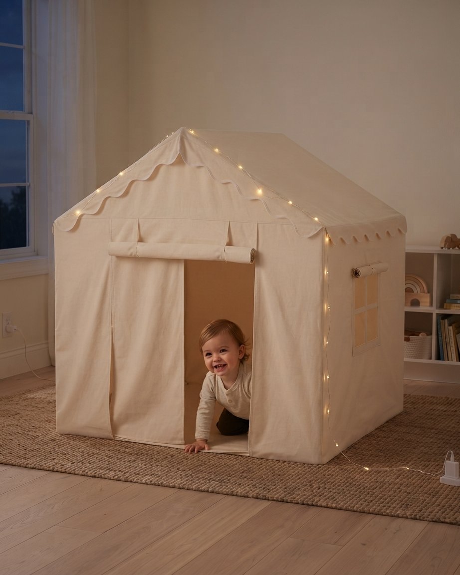 Kids Indoor Play House Tent with Star Lights Neutral