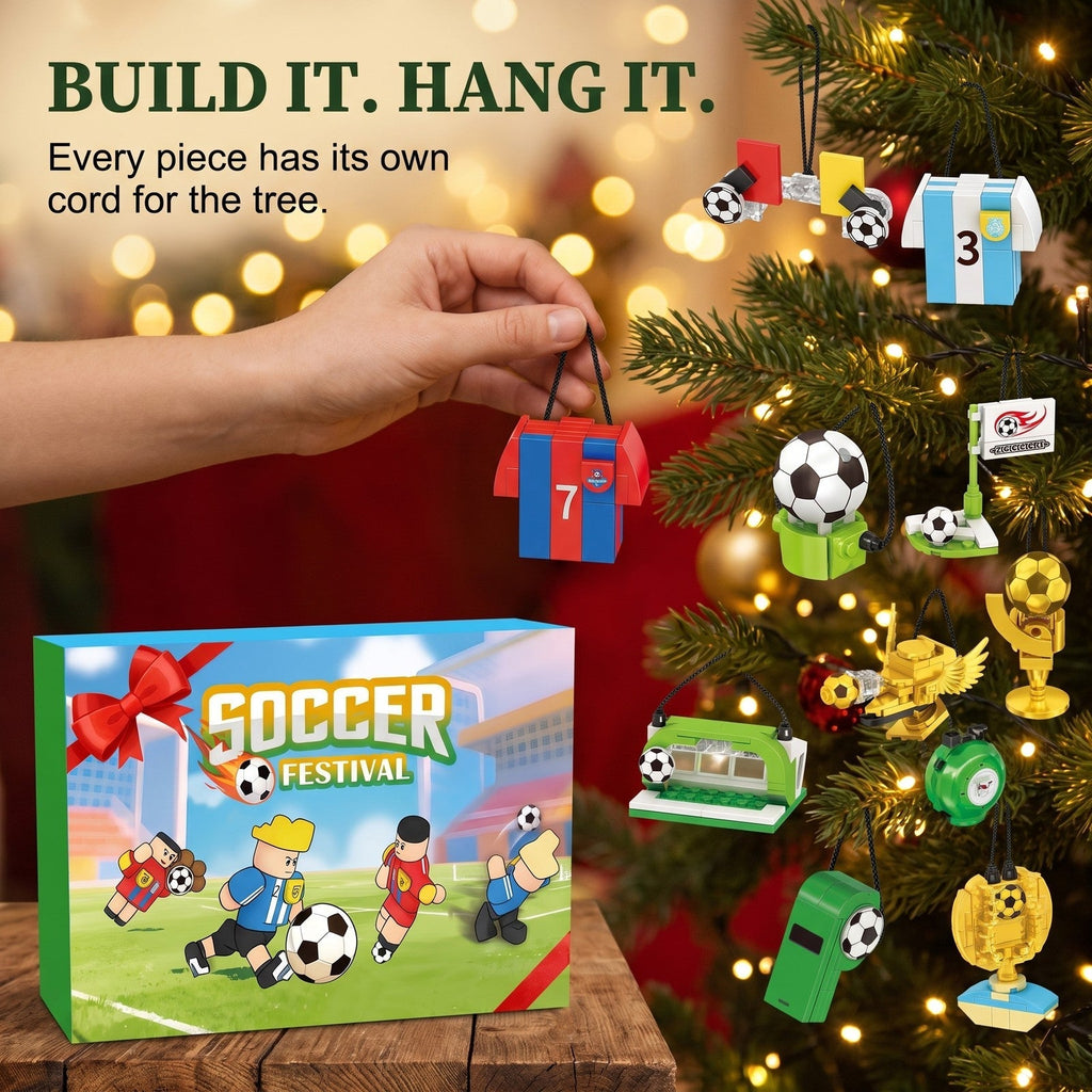 Hand hanging the red-and-blue number 7 brick jersey ornament by its black cord on a Christmas tree, with other football brick ornaments and the Soccer Festival box.