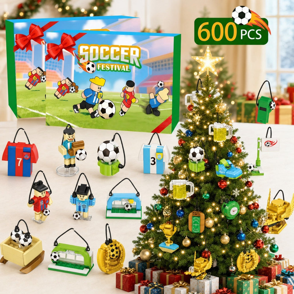 Supplier graphic labelled 600 PCS showing Soccer Festival boxes with football brick ornaments, including numbered jerseys, footballers, a goal, ball-themed builds, a corner flag, trophies, a whistle, cards and a boot.