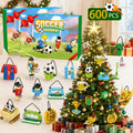 Supplier graphic labelled 600 PCS showing Soccer Festival boxes with football brick ornaments, including numbered jerseys, footballers, a goal, ball-themed builds, a corner flag, trophies, a whistle, cards and a boot.