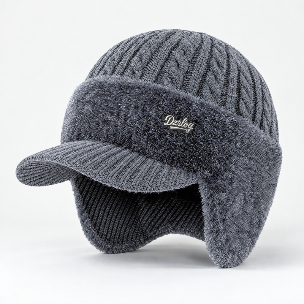 Winter Knit Trapper Hat with Ear Flaps Visor and Fleece Lining
