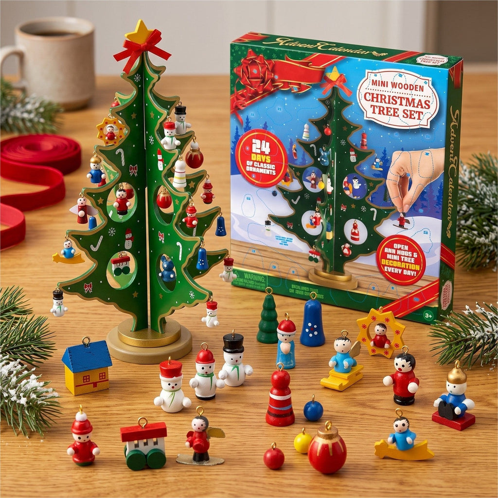 Wooden Tabletop Christmas Tree Advent Calendar with 24 Mini Ornaments for Kids